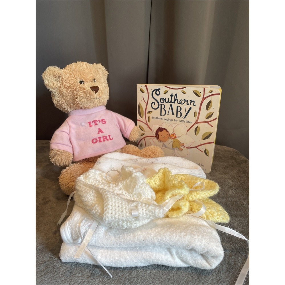 Baby Girl Gift Bundle Gund Bear,  Southern Baby Book, VTG Towel, 2 Baby Booties